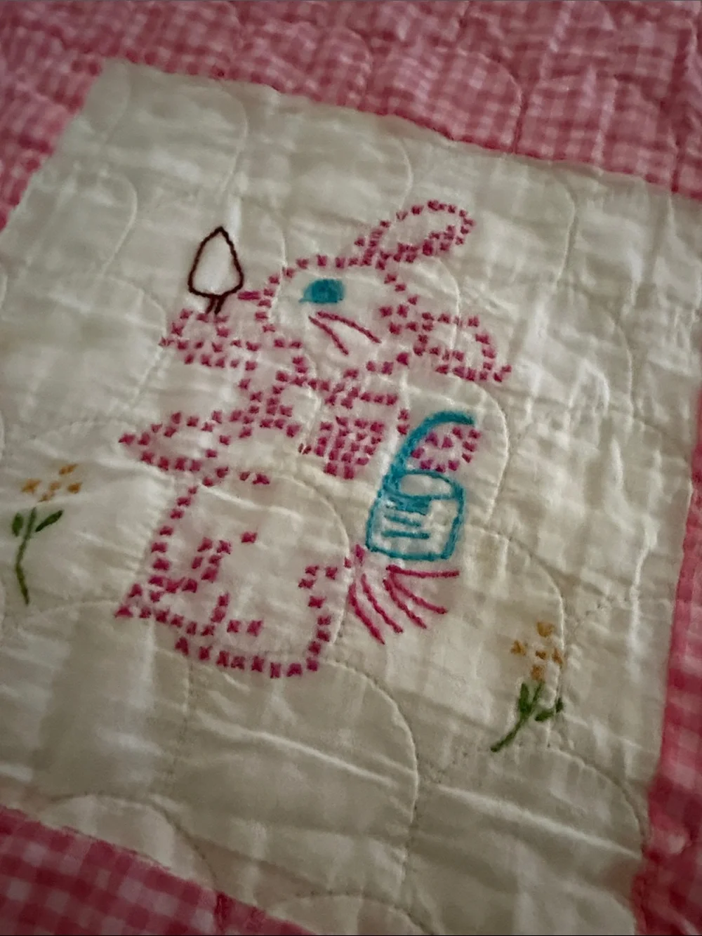 Pink and White Embroidered Baby Quilt - Cute Animal Patchwork handmade vintage